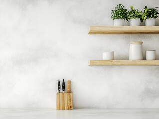 Minimalist kitchen interior with wooden shelves, white wall, and kitchen knives.