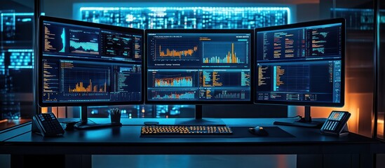 Three computer monitors with data and graphs on a dark desk with a keyboard, mouse, and phones.