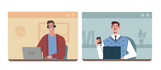 Poster - Online work business meeting. Men with laptops communicate via video call. Communication and interaction on Internet and social networks. Flat vector illustration isolated on white background