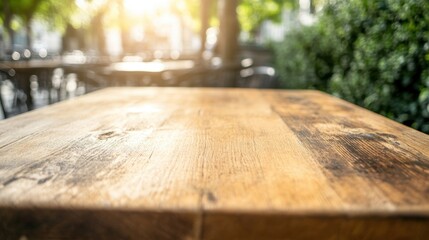 Wall Mural - A vacant wooden table in a cozy outdoor cafГ© bathed in sunlight and framed by vibrant greenery on a pleasant day