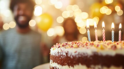 Wall Mural - A group of friends celebrates a birthday, enjoying a vibrant cake with lit candles while showcasing smiles and a festive atmosphere