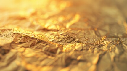 Poster - Crinkled gold foil displays intricate patterns and textures, capturing radiant light in a warm, inviting manner suitable for creative uses