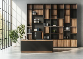 Aufkleber - A modern office interior with a large wooden bookshelf, a desk with a computer, and a window with a view of trees.