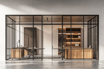 Poster - Modern office interior with glass walls, wooden furniture, and a concrete floor.