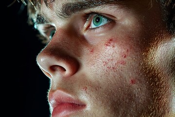 Poster - A close-up of a young person with visible acne on their face, showing various types of blemishes in detail