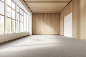 Aufkleber - A spacious, modern, empty room with large windows, wooden walls, and a white door.