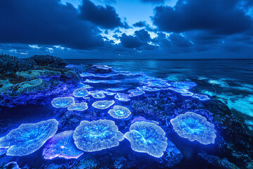 marine bioluminescence among coral formations.