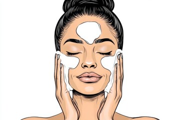 Poster - Simple line drawing of a person washing their face with foam cleanser