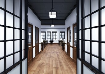 Poster - View down a hallway with glass doors on either side.  The hallway has a wooden floor, white walls, and a dark ceiling.  There are several doors and windows along the hallway.