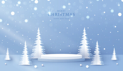 Wall Mural - Podium shape for show cosmetic product display for christmas day or new years. Stand product showcase on blue background with lighting christmas. vector design.