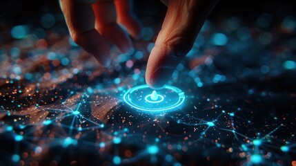 A finger touches a glowing circle on a digital network surface.