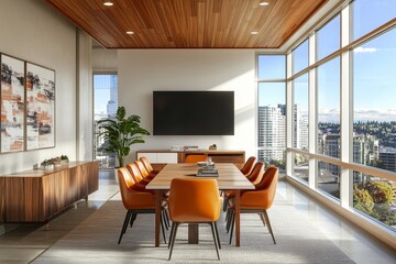 Poster - Modern conference room with large windows overlooking a city skyline.