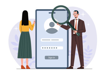 Poster - People with password. Woman and man with magnifying glass near smartphone screen. Register at website and in mobile application. Flat vector illustration isolated on white background
