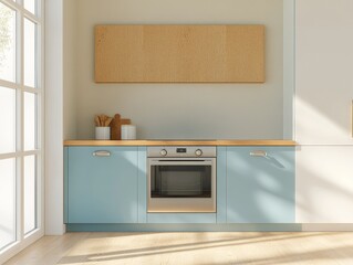 Minimalist kitchen interior with blue cabinets, wooden countertop, and an oven.