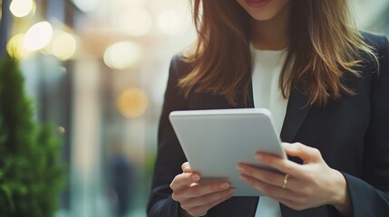 Poster - Young Businesswoman Holding Digital Tablet in Modern Workspace While Leading Business Meeting with Focused Expression and Professional Attire