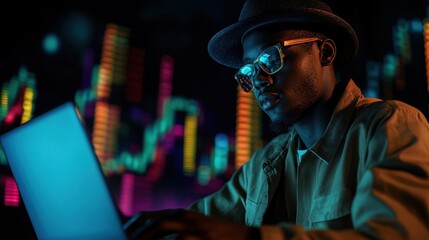 Poster - Young Entrepreneur Analyzing Market Trends with Laptop in Modern Digital Environment Featuring Colorful Data Visualizations