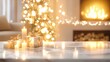 © Archara - A softly lit marble surface displays elegantly wrapped gifts and glowing candles, set against a blurred backdrop of a Christmas tree and a warm fireplace, creating a festive and cozy atmosphere.