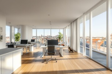 Poster - Modern office with large windows, city view, and wooden floor.