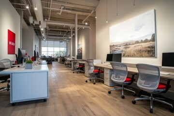 Aufkleber - Modern office interior with rows of desks, chairs, and computers.  A large canvas print of a landscape scene hangs on the wall.  The space is bright and airy with large windows and high ceilings.