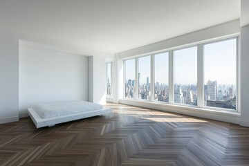 Poster - Modern bedroom with large windows overlooking a city skyline.