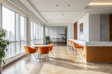 Poster - Modern office lounge with a white marble counter, orange chairs, and large windows overlooking a city skyline.