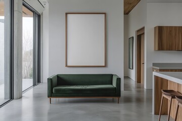 Poster - A modern living room interior with a large blank poster frame above a green velvet sofa.