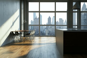 Aufkleber - Modern kitchen with dining table and panoramic city view through large windows.