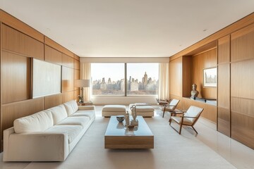 Aufkleber - Modern living room with a view of the city skyline.