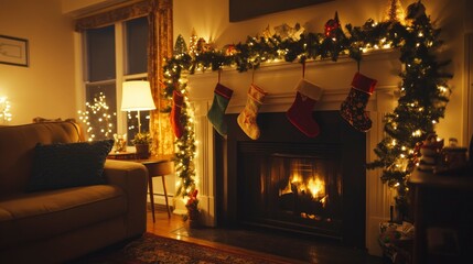 Wall Mural - A cozy living room adorned with fairy lights, a garland on the mantel, and colorful stockings hanging warmly.