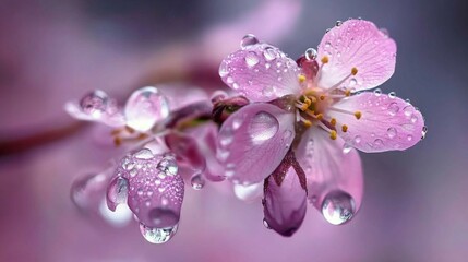 Poster - Delicate Pink Flower with Water Droplets Glistening Under Soft Light Against a Beautiful Blurred Background, Perfect for Nature and Spring Themes