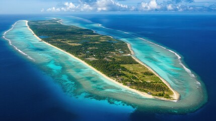 Wall Mural - An aerial view of a tropical island with lush vegetation, white sandy beaches, and crystal-clear turquoise waters.