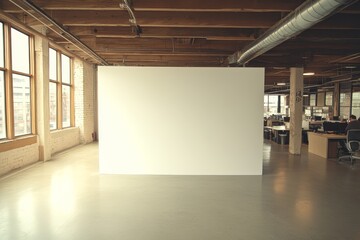 Wall Mural - A large blank white wall in a modern office with large windows and wooden beams.