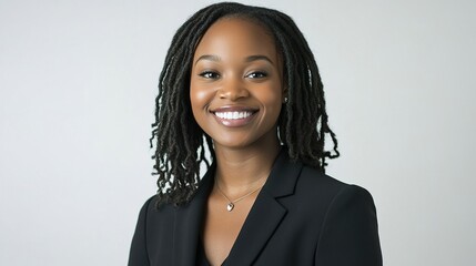 Young woman in business casual attire smiling confidently in a light background, showcasing professionalism and modern style, perfect for corporate or professional contexts.