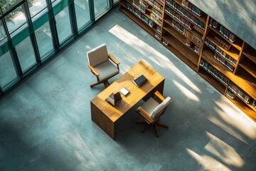 Poster - An overhead view of a wooden desk and chairs in a library, with bookshelves in the background.