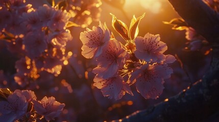 Poster - Delicate Cherry Blossom Flowers Illuminated by Warm Sunset Light, Creating a Beautiful and Serene Spring Atmosphere in Nature's Oasis