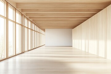 Aufkleber - Empty room with large windows and wooden beams.