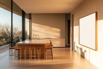 Aufkleber - Modern kitchen interior with large windows, wooden island, and empty picture frame on the wall.