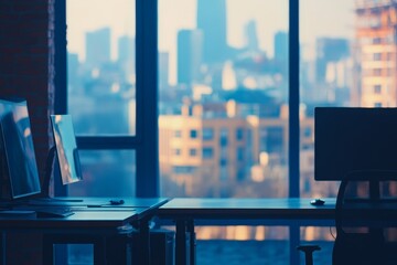 Poster - Two computer monitors on a desk in an office with a city view out the window.