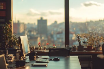 Poster - A modern office desk with a computer, keyboard, and mouse, with a large window overlooking a city skyline at sunset.