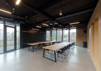 Poster - A modern, minimalist classroom with large windows, wooden tables and chairs, and a blackboard.