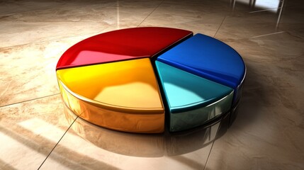Fototapete - Modern and Colorful 3D Pie Chart on a Glossy Surface, Representing Data Visualization and Business Analysis with Bright Segments
