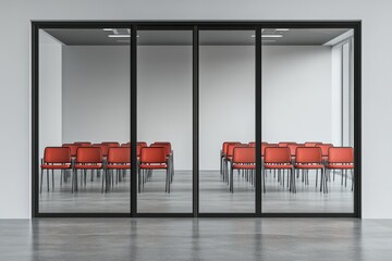 Aufkleber - A modern conference room with red chairs and glass walls.