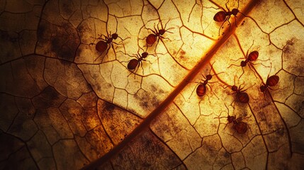 Poster - Close-Up of Ants foraging on a Dried Leaf, Highlighting Intricate Textures and Colors in Nature's Microcosm of Life and Activity