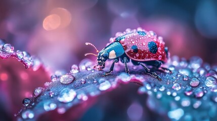 Poster - Close-Up of a Colorful Beetle with Dew Drops on Leaves in a Macroscopic Style, Highlighting the Beauty of Nature's Tiny Creatures and Vibrant Colors