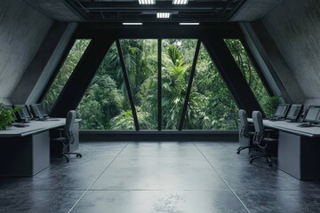 Poster - Modern office interior with large windows overlooking lush green jungle.