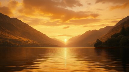 Poster - Serene Mountain Lake at Sunset with Golden Reflections and Dramatic Sky, Capturing the Tranquility and Beauty of Nature in a Scenic Landscape