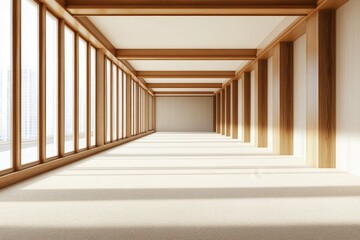 Aufkleber - Empty room with wooden beams, large windows, and sunlight streaming in.