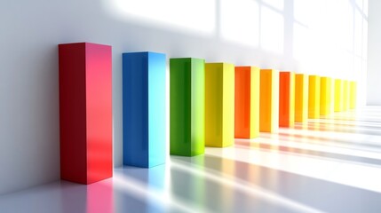 Poster - Colorful geometric blocks aligned in a modern interior space with soft natural light creating vibrant reflections and shadows on a smooth floor