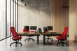 © adri - Modern office interior with red chairs, wooden panel, and a view of the city.