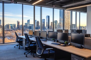 Aufkleber - Modern office workspace with large windows overlooking a city skyline.
